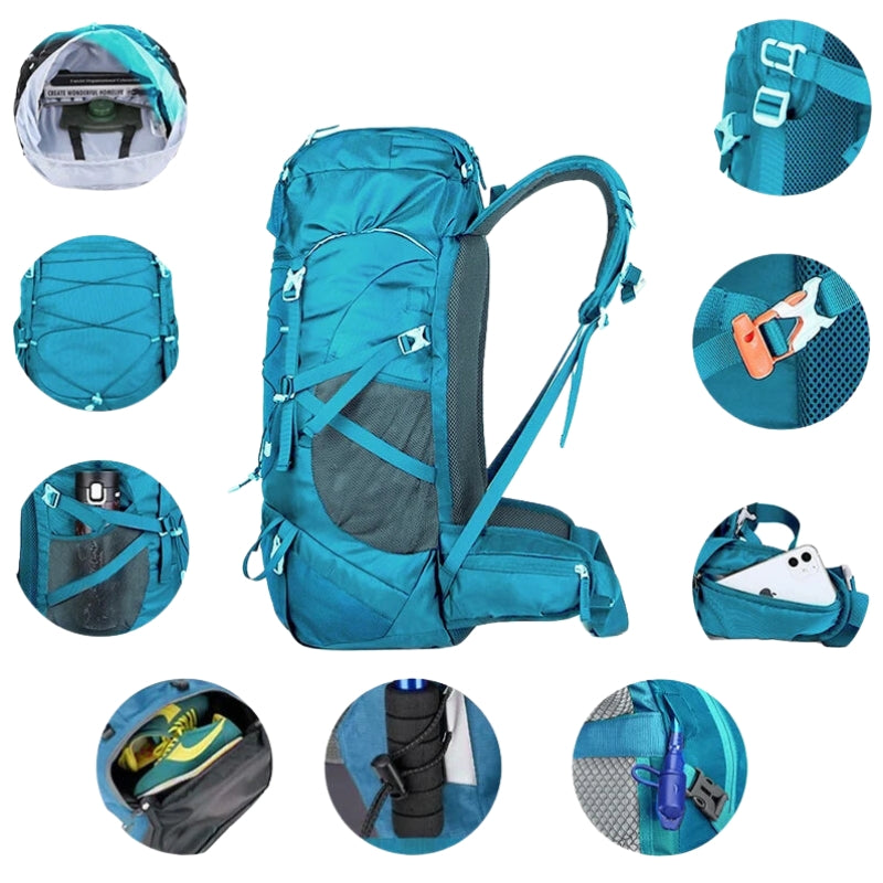 50l hiking bag close up compartments - Turquoise - Army Green - Blue - Black - Red