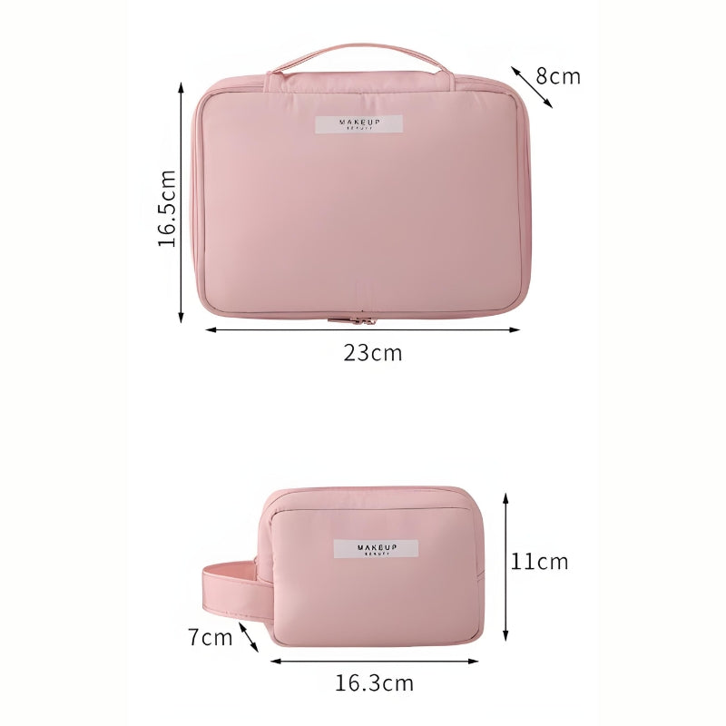 women's toiletry and makeup bag dimensions displayed - Pink - Sky Blue - Green - Grey - Gray