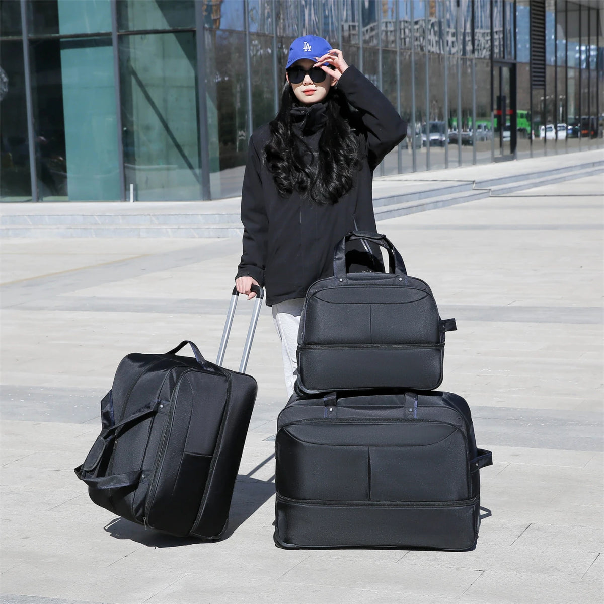 unisex wheeled travel bag three aligned bags - Pink - Grey - Gray - Black - Navy Blue - Green - Brown