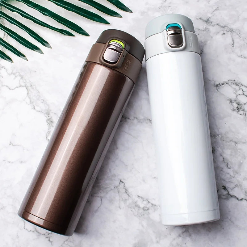 thermos insulated water bottle two bottles aligned - Fuchsia - Black - White - Brown