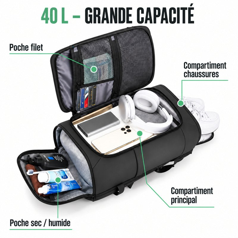 Sac à dos de voyage cabine homme, capacité 40L avec poche filet, compartiment chaussures et compartiment principal