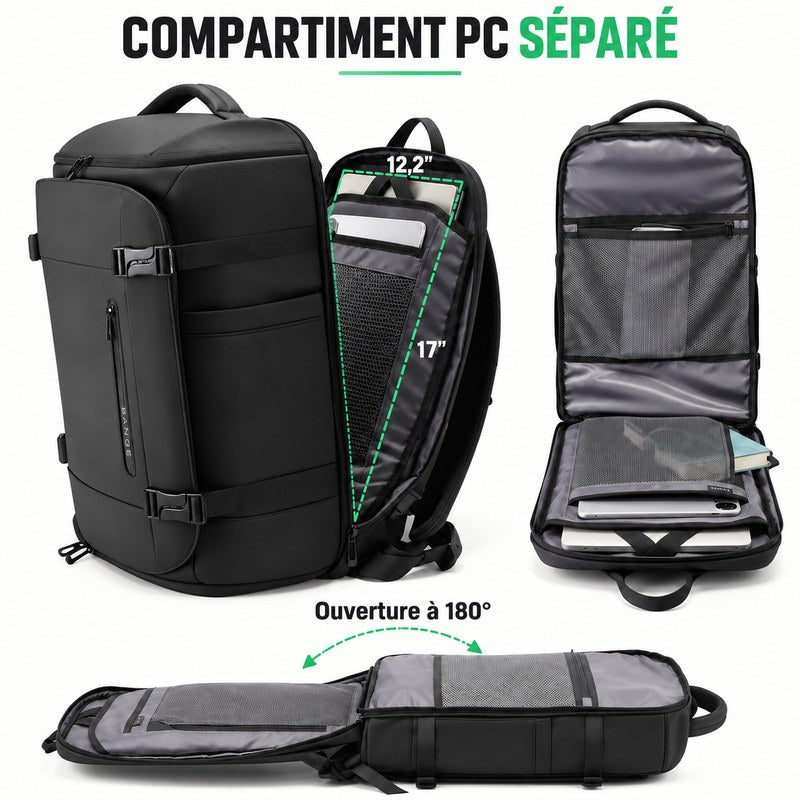 Sac à dos de voyage cabine homme, compartiment PC séparé avec ouverture à 180 degrés