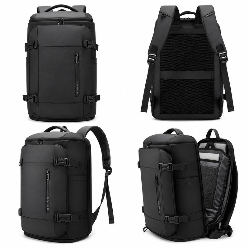 Sac à dos de voyage cabine homme noir, vues de face et de dos avec bretelles